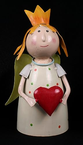 FVLFIL Schick-Design Zaunhocker Prinzessin mit Herz Creme Dekofigur aus Blech 23 cm Figur Metall Garten Deko Garten Balkon