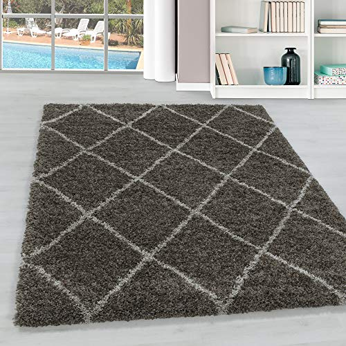 Hochflor Wohnzimmer Teppich Modern Deko Geometrisch Design Flauschiger & Weicher Langflor Shaggy Rechteckig Teppich Schlafzimmer Farbe: Taupe, Grösse: 140 x 200 cm