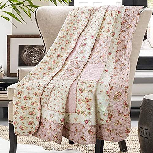 Couverture en Coton Patchwork Rose pour canapé et lit jumeau, 152,4 x 203,2 cm, Couvre-lit matelassé réversible à Motif Floral, Housse de Couette Douce et légère pour lit, canapé, décoration