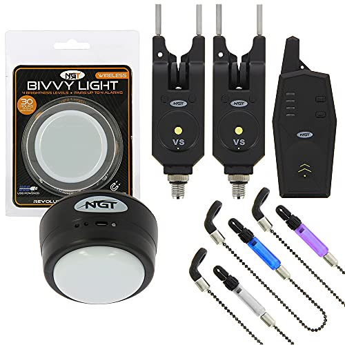 DNA Leisure NGT Wireless 2pc VS Bite Alarms Set Waterproof with Remote Light System & 3 Chain Indicators Carp Fishing