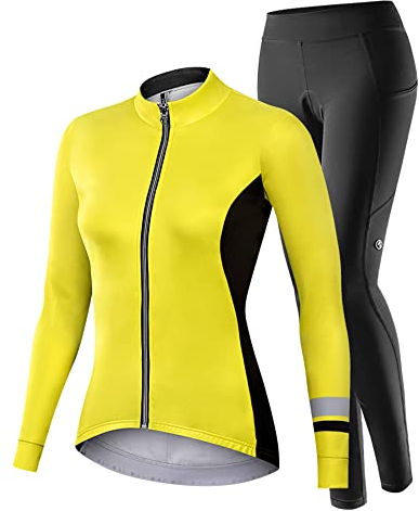 NUCKILY Fahrradbekleidung Set Damen Radtrikot Langarm Winddicht Damen Thermische Fleece mit 3D Polster Hosen, XL, 1705