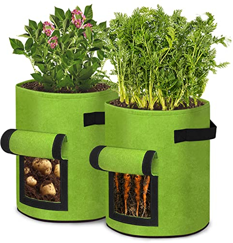 VA-Cerulean Pflanzen Tasche,Tragegriffen Pflanzsack im Garten,Balkon,Pflanztasche mit Sichtfenster und Klettverschluss,für Kartoffeln, Blumen, Pflanzen, Gemüs(2 Stück Grün,7 Gallonen)