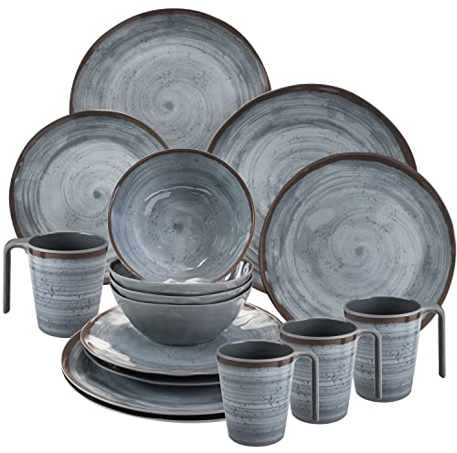 Service de table en mélamine avec tasses pour 4 personnes 16 pièces - Pour camping, extérieur, grès - Gris
