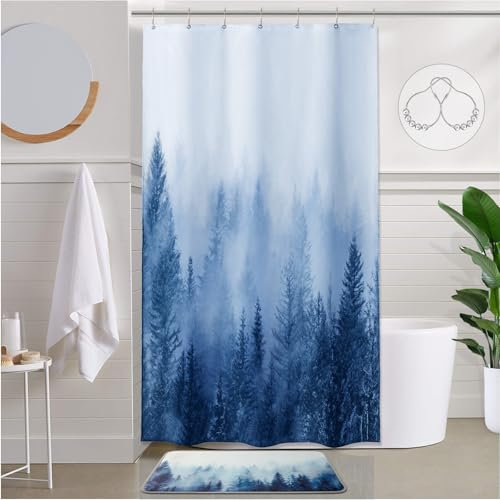 ORTIGIA Duschvorhang, Motiv: Blauer Nebel Wald, klein, halbe Größe, 91.4x183.9 cm, Naturwald, Duschvorhang für Badezimmer, Fantasie, Nebel, Herbst-Duschvorhang, wasserdichtes Polyester mit Haken
