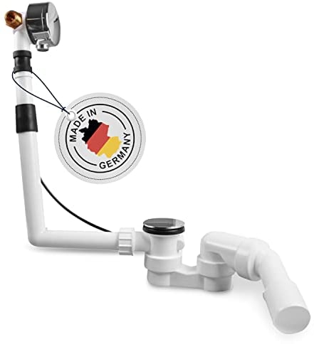 AQUADE 60027 Ab-und Überlaufgarnitur mit Zulauf für Badewannen und Whirlpools Ablauf Überlauf mit Chrom Exzenter Edelstahl Ablaufdeckel Qualität: Made in Germany, Weiss