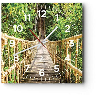 Modern Wanduhr Brücke Seil Dschungel 30x30cm Quadrat Klein Wand Uhr Glas Analog Zimmeruhren Küche Büro Wohnzimmer Glasuhr Wall Clock Dekoration Design Wanddekoration Küchenuhr C4AC30x30-4319