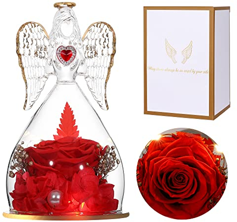 Ocosy Forever Real Rose Light Engel Geschenk, romantisches Geschenk für sie, konservierte echte Blume Rose in Engel Figuren Rose für Valentinstag Jahrestag Weihnachten - Rot
