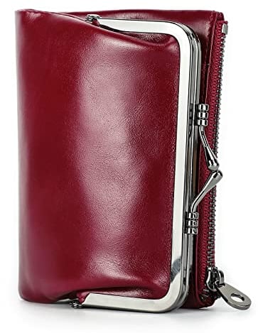 Contacts Portefeuille RFID pour Femme avec Serrure à Baiser,Porte-Monnaie Compact à Deux Volets en Cuir avec Poche zippée Porte-Cartes de crédit Petite avec fenêtre pour Carte d'identité Rouge