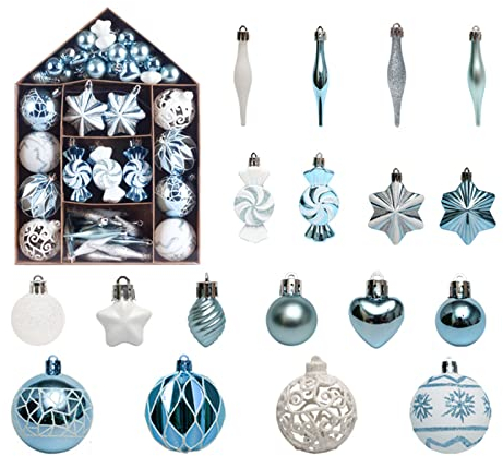 Fouriding Weihnachtskugeln 73pcs Kunststoff Christbaumkugeln Hängende Dekoration für Weihnachtsbaumschmuck (Blau Weiß)