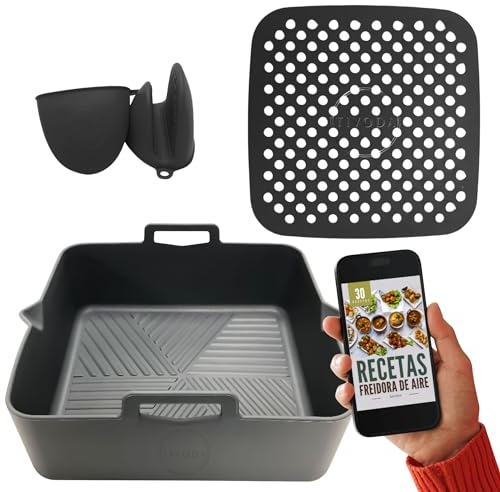 Pack de 3 Accesorios para Freidora de Aire | Molde de Silicona de 21 cm, Alfombrilla Antiadherente y Guantes | Compatible con Cosori 5.5L y Otras Freidoras de Hasta 7L | Reutilizable y Libre de BPA.