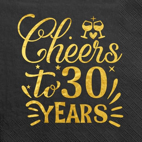 Servietten 30. Geburtstag - 20 Stück Happy Birthday 33x33cm - Cheers To 30 Years Papierservietten - Schwarz Gold Tischdeko