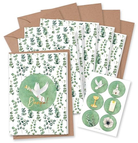 Papierdrachen 6 Dankeskarten für christliche Feste wie Taufe, Kommunion, Konfirmation, Firmung - Motiv Eukalyptus - Klappkarten mit Umschlag und passenden Stickern- DIN A6 - Set 6