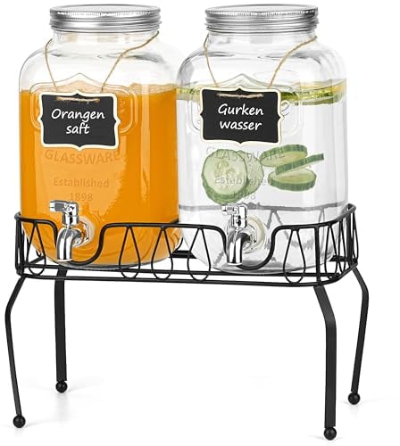 Winter Shore Distributeur Boisson avec Robinet & Support [Lot de 2] - Fontaine a Boisson 3,8 L Qualité Alimentaire Sans BPA pour Jus, Thé Glacé - Bonbonne en Verre avec Robinet & 2 Étiquettes en Bois