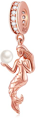 Roségold Meerjungfrau Mit Perlen Anhänger Charms, Pandora Ozean Armband, 925 Sterling Silber kleine Meerjungfrau Ariel Prinzessin Sea Life baumeln Perle, Geschenk für Tochter/Mama/Mädchen