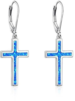Opal Kreuz Ohrringe für Damen 925er Sterlingsilber Leverback weißer Opal baumelnde Kreuz Ohrringe für Mädchen