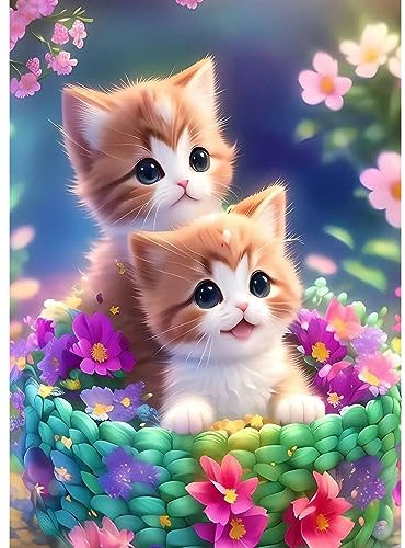 MXJSUA 5D Diamond Painting Set für Erwachsene, 2 Katzen und Blume Diamant Painting Bilder als Geschenk, Diamond Painting Zubehör Kits für Home Deco (30x40cm)