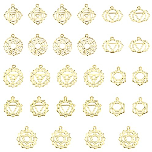 FINGERINSPIRE 28 Stück 7 Stile Chakra Energie Charms 18 Karat Vergoldetes Messing Yoga Charms Chakra Lotus Yoga Energie Lotusblumen Charm Samen Des Lebens Anhänger Für Schmuckherstellung