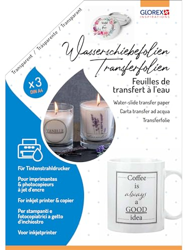 GLOREX 6 1241 701 - Pellicola per diapositive ad acqua, 3 pezzi di pellicola di trasferimento A4, decorazione di vetro, ceramica, candele, metallo, legno e plastica, per stampanti a getto d'inchiostro