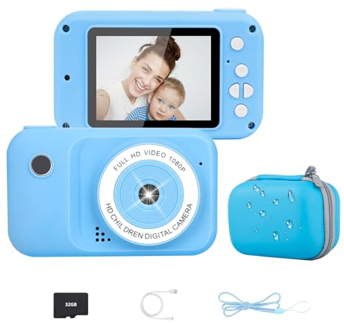 Kinder Kamera inkl.Tragetasche 2,4 Bildschir 1080P HD Kinderkamera Selfie Digitalkamera 32G SD-Kart Geschenke für 3-12 Jahre Jungen und Mädchen für Geburtstagsgeschenk Weihnachten Spielzeug (Blau)