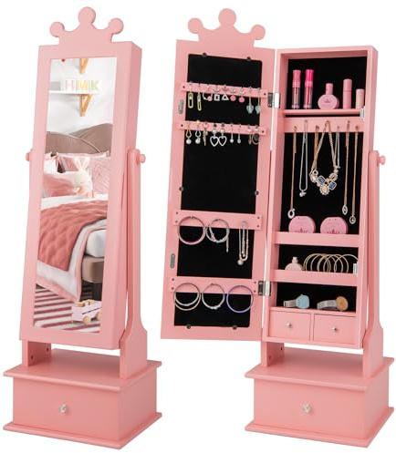 DREAMADE Armoire à Bijoux Enfants avec Miroir Inclinable,Armoire de Rangement Autoportante Enfant 3+Ans avec Tiroir,Anti-Bascule,Cadeau Filles Charge 10KG pour Chambre,Vestiaire (Rose)