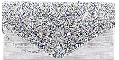 Segreto Damen Clutch Glitzer Strass-Steinen Abendtasche Umschlag Crossbody Unterarmtasche Silber Umhängetasche und Abnehmbarer Kette