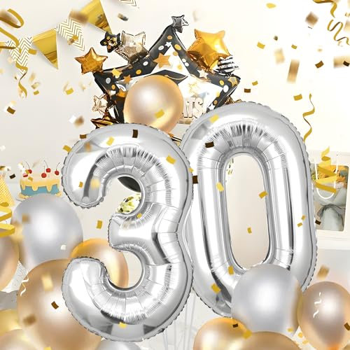 30 Geburtstag Deko zahlen luftballon 30 jahre | Folienballon Sliber- für 30. Geburtstagsdeko Männer Frauen Ballon Zahl Deko zum Geburtstag fliegt mit Helium 30.Geburtstagsparty 40-101cm Sliver, 30