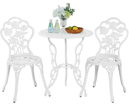 Yaheetech 3 Piece Patio Bistro Table Set Garden Furniture Set, Aluminum Table and Chairs Outdoor Patio Furniture, Rose Design Dinging Table and Chairs for Balcony Garden Porch, White
