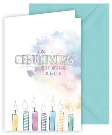 KE - Geburtstagskarte für Männer und Frauen, Glückwunschkarte, Schrift und Verzierung mit silberner Folie geprägt, inkl. Umschlag, DIN B6 Format, hellblau, Motiv: Kerzen