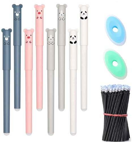 NSXIN Radierbarer Kugelschreiber Gelschreiber Set, 8 Stück Tintenroller Radierbar mit 24 Nachfüllungen, 0.35mm Erasable Pen Set Süße Panda Cartoon Löschbaren Gel Stift (20 Schwarze Minen)