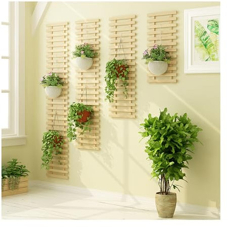 Set di 4 Fioriere da Parete in Legno per Piante da Interno, Supporto per Fioriera da Parete in Reticolo di Legno, Supporti per Piante Ad Aria con Cornice per Esposizione (Log color)