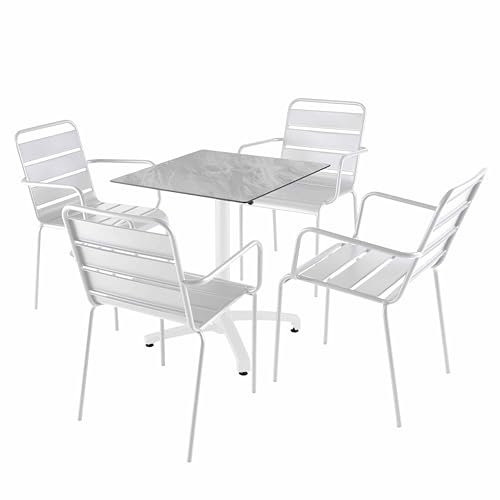Oviala Set Tisch 70 cm Marmor und 4 Stühle Metall weiß