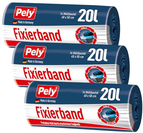 Pely Fixierband Müllbeutel 3er Pack - perfekter Halt durch elastisches Zugband, zur Entsorgung von Restabfall (20 Liter)
