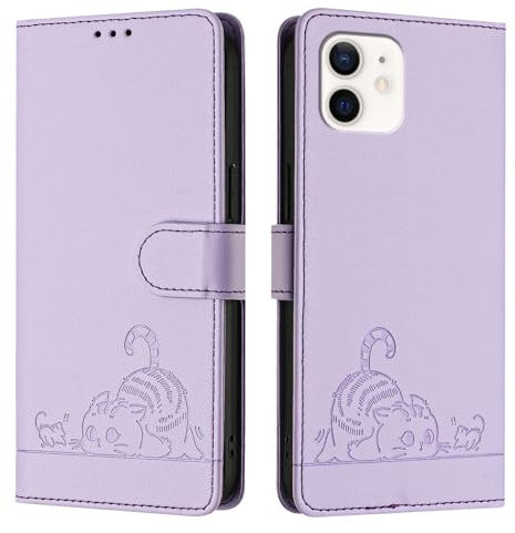 ScandiCasis iPhone 12 Mini Flip Case, Cat Pattern Leather Cover with [Card Slots] [RFID] [Wallet] [Kickstand] Shockproof Case, Purple