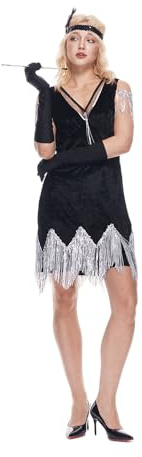 EraSpooky Costume da donna lussuoso stile flapper degli anni '20 abito vintage con frange per adulti fascia per capelli in piume e guanti