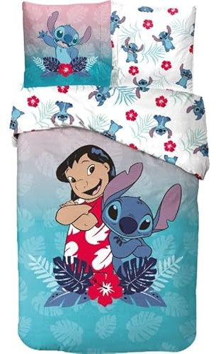 anemone Bettwäsche Stitch, Bettbezug Disney, 140 x 200 cm + Kissenbezug 65 x 65 cm, 100 % Baumwolle (Blume)