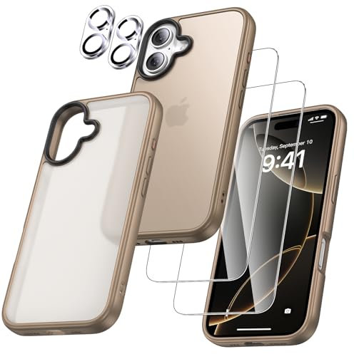 UniqueMe für iPhone 16 Hülle, 5-in-1-Set Handyhülle für iPhone 16 Case Rundumschutz Schutzhülle Cover,1 Handyhülle & 2 Schutzfolie & 2 Kameraschutz -Matt Gold