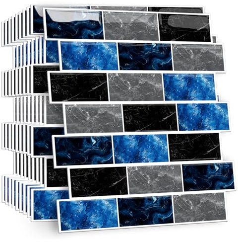 HPNIUB 10 Stück Blau Klebefliesen Küche Kachelaufkleber Fliesenaufkleber Küchenrückwand Fliesen Metro Fliesen Wandfliesen Selbstklebend Weiß Bad Küche Keramikfliesen 30 x 30cm