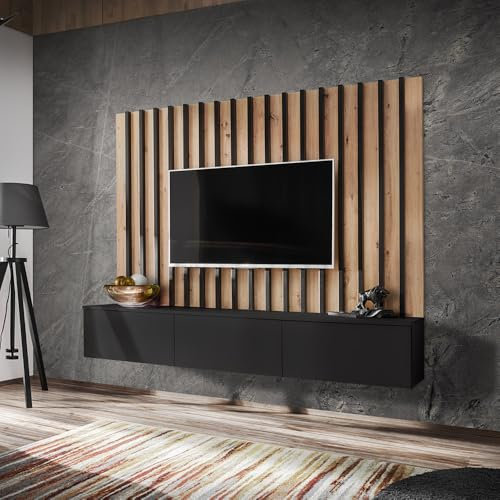 Lomadox Wohnwand Anbauwand Schrankwand 180cm, schwarz mit Eiche, Wandpaneel mit Lamellen, Lowboard