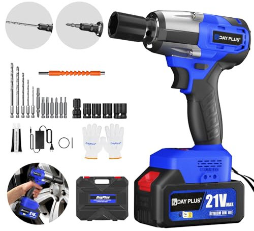 Clé à Chocs Sans Fil Brushless, 550Nm Boulonneuse à Choc Electrique, avec Batterie 4.0Ah, Visseuse à chocs Fréquence d'impact 2500RPM, avec 4 Douilles à Chocs et 12 Accessoires pour Perceuses