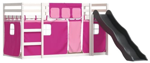 vidaXL Bunk Bed with Slide and Curtains Solid Pine Wood Loft Bed for Kids 90x200 cm Pink/White Indoor Playground