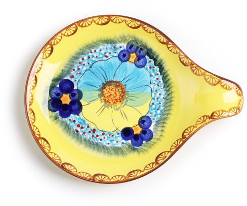Silesia Handmade Spoon Rest, 5.5 inch Ceramic Hand-Painted Cooking Ladle Dish, Large Kitchen Utensil Holder for Counter in Gift Box, Dishwasher & Microwave Safe, Glazed Yellow