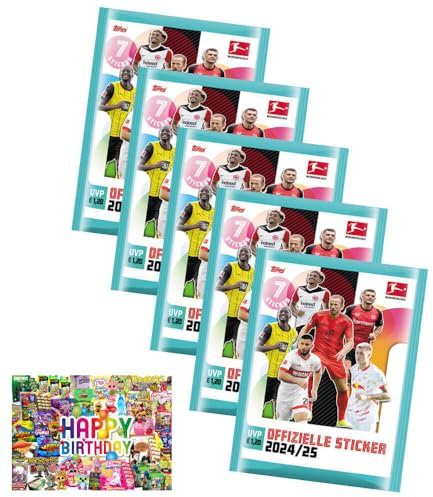 Bundle mit Topps Bundesliga Sticker 2025 - Fußball Sammelsticker - AUSWAHL + Exklusive Geburtstagskarte (5 Tüten)