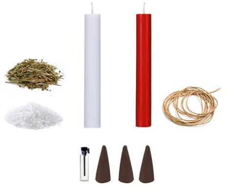 Kit de Ritual para Corte de Lazos, 2 Velas de 11,5 cm Roja y Blanca, Cuerda 120 cm, Incienso, Sal y Ruda