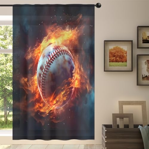 Mexpekil Voile-Vorhänge, halbtransparent, mit Motiv Brandschutz, Baseball-Motiv, Höhe 140 cm, für Wohnzimmer, Schlafzimmer, Haus, Küche, 1 Paneel