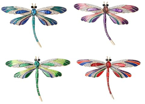 Flkiglm Lot de 4 broches en métal émaillé - Libellules - Insectes et libellules - Bijou fantaisie fait à la main, Siehe Beschreibung, Métal, Voir description