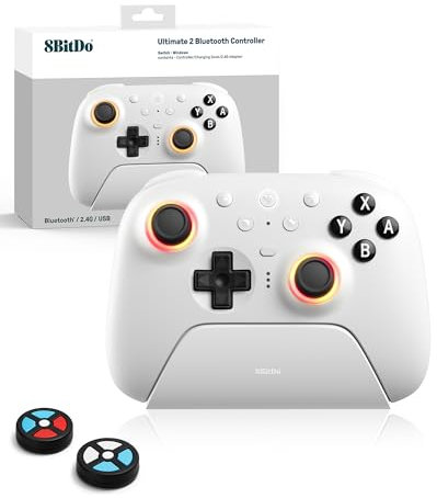 8bitdo Ultimate 2 Bluetooth-Controller (TMR Joystick Update), RGB-Feuerring, Schaltbare Hall-Effekt/Taktil-Auslöser, Vibration und Bewegungssteuerung für Switch, Windows PC (Weiß)