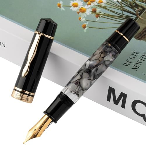 erofa Majohn Piston P139 #8 Fountain Pen Medium Nib with Box, Large Capacity Gray Marble Acrylic Pen