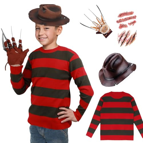 Yearsahrk Freddy Krüger Kostüm Kinder 4-Teilig Nightmare Elm Street Freddy Krueger Maske Gestreifter Pullover Handschuh Hut Karneval Halloween Kostüm