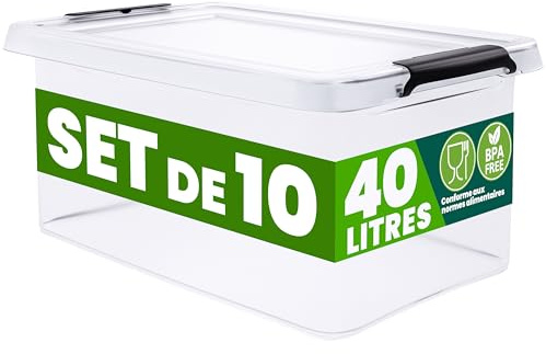 Deuba® Plastic Storage Boxes with Lids, Click Lock Storage, 10 x 40 Litres | Home and Kitchen, Office, Christmas Decorations, Under Bed Storage, Dog Food Storage, Tool Box, Toy Box, Clear Moving Boxes