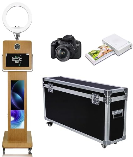 Mirror Photo Booth 15,6 Zoll Touchscreen PhotoBooth Selfie Maschine mit 29 Zoll LCD Display Photo Booth Maschine für Geburtstagsparty Events (Holzmaserung, Fotokabinenmaschine + Kamera + Drucker)